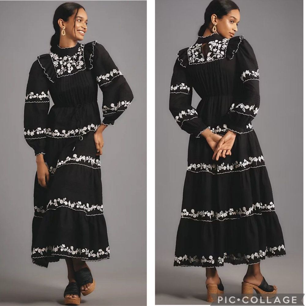 FARM Rio Embroidered‎ Long Sleeve Tiered Maxi Dress Black XS